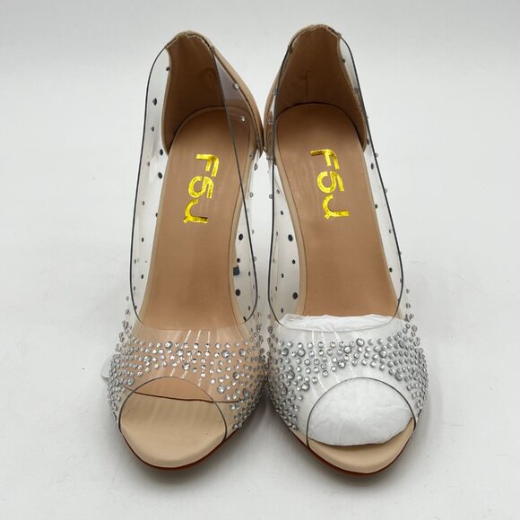 FSJ Gold Studded Pointed Toe Transparent Pumps High Heels Shoes - Picture 3 of 6